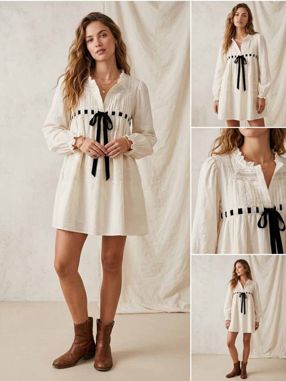 Free People Ivory Mini Dress with Black Ribbon Accent